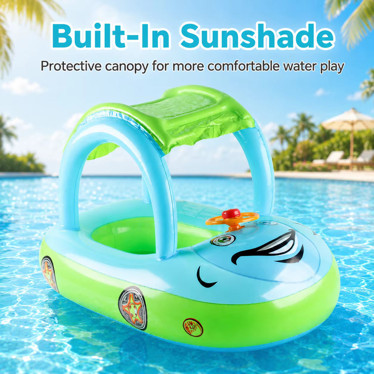 1PC Flotteur gonflable pour bébé avec auvent, siège de sécurité pour nourrisson, anneaux de natation en forme de voiture pour piscine