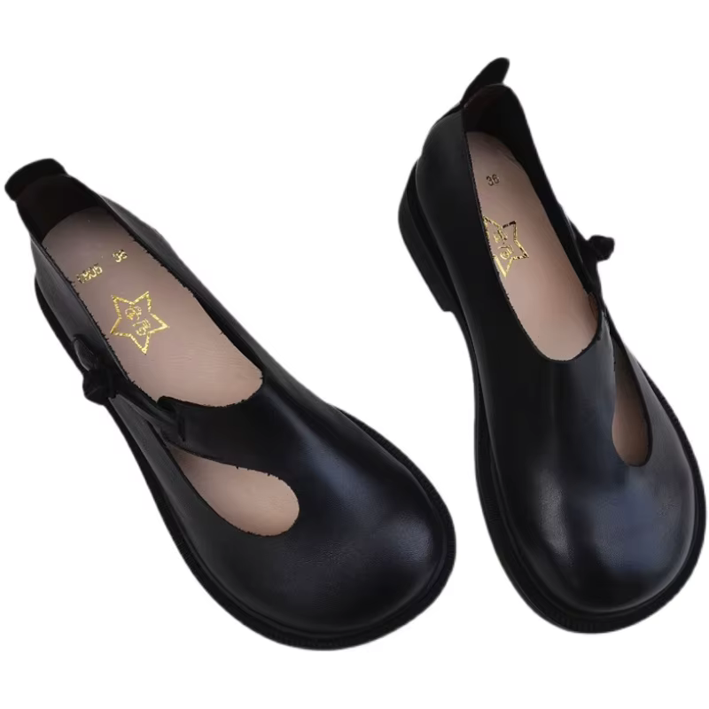 Careaymade-Chaussures en cuir véritable à tête ronde pour femmes, chaussures simples originales respirantes faites à la main, grandes chaussures rétro nationales