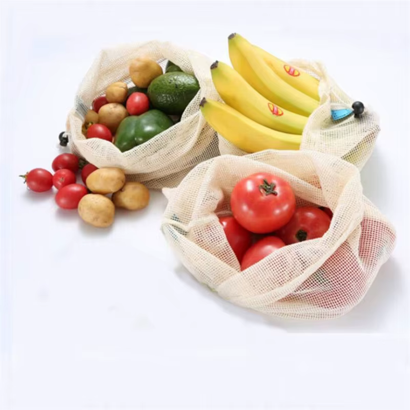 Sacs à légumes en maille de coton, sac de produits, sac de rangement de légumes en maille de coton réutilisable, fruits et légumes de cuisine avec cordon de serrage