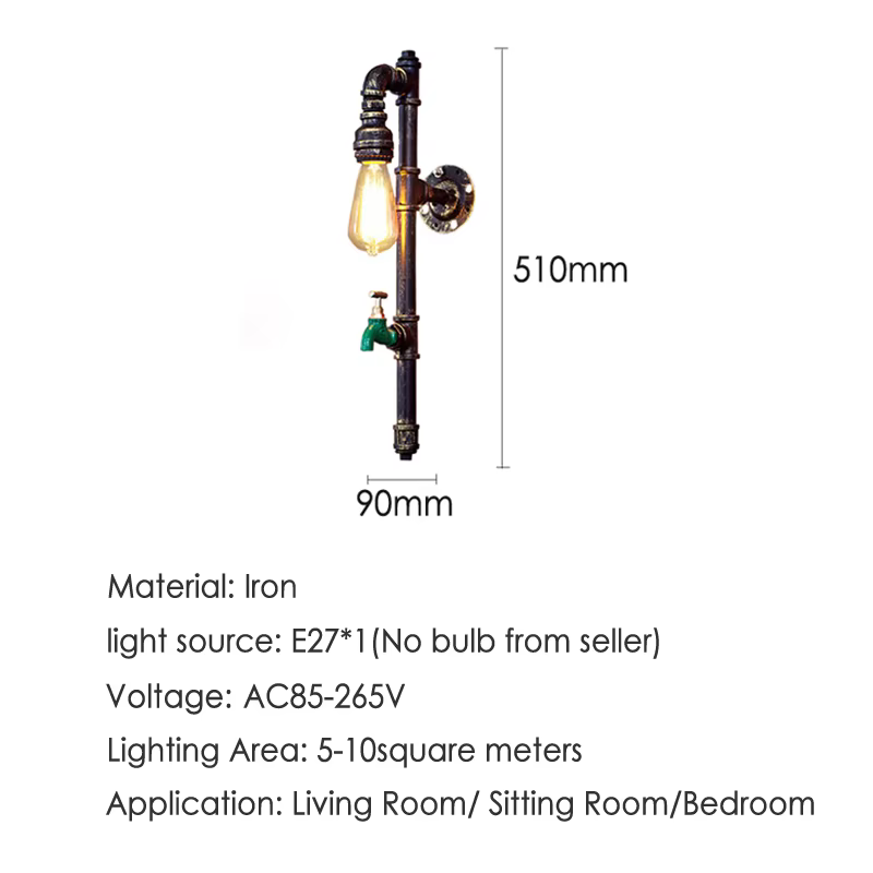 Lampe murale vintage style industriel steampunk, lampe murale pour loft, restaurant, bar, club, couloir, café, applique murale longue en forme de tuyau d'eau américain