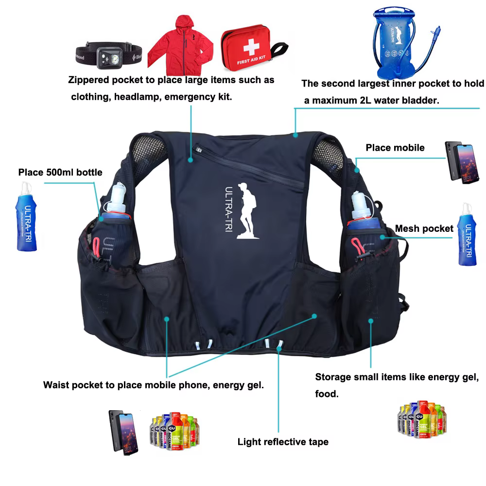 ULTRA-TRI Hydration Trail Running Sac à dos noir 10L avec 2 flacons souples