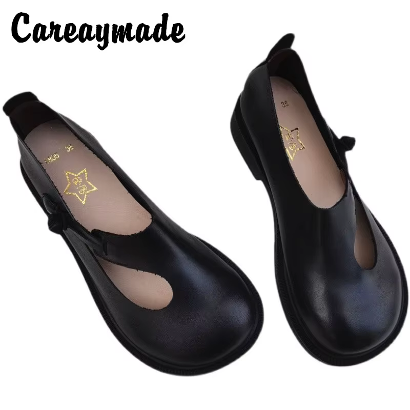 Careaymade-Chaussures en cuir véritable à tête ronde pour femmes, chaussures simples originales respirantes faites à la main, grandes chaussures rétro nationales