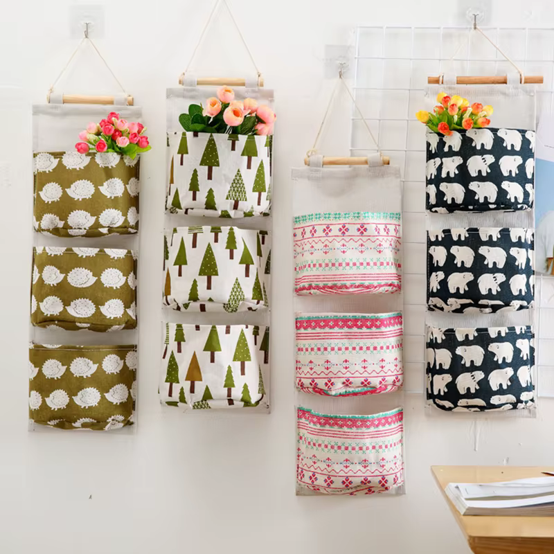Sac de rangement mural avec 3 poches, tissu en lin, étanche, porte murale, placard, organisateur suspendu pour chambre à coucher, salle de bain, LBS