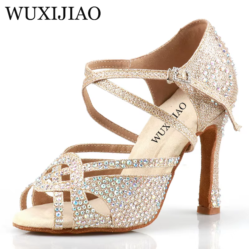 WUXIJIAO-Chaussures de danse latine dorées pour femmes, sandales en diamant, sandales de salsa, design unique, nouveau style