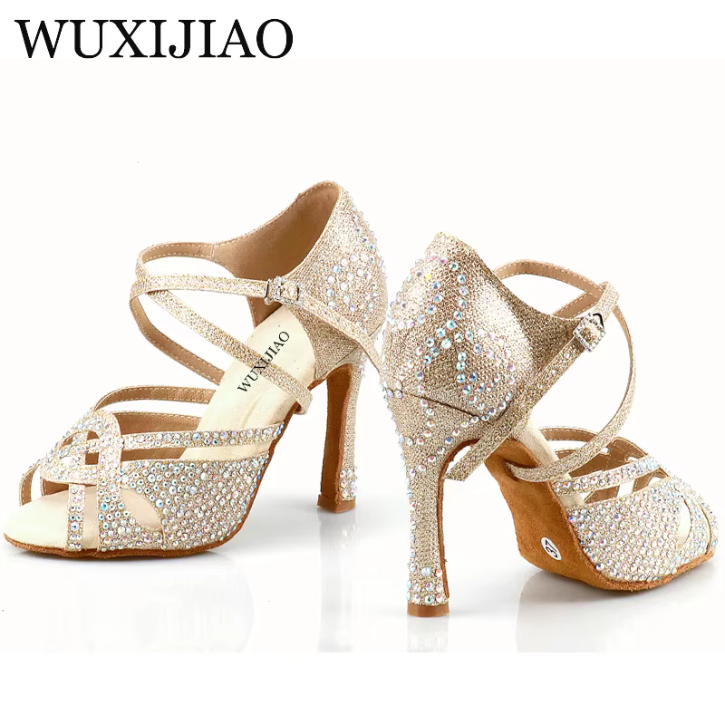 WUXIJIAO-Chaussures de danse latine dorées pour femmes, sandales en diamant, sandales de salsa, design unique, nouveau style