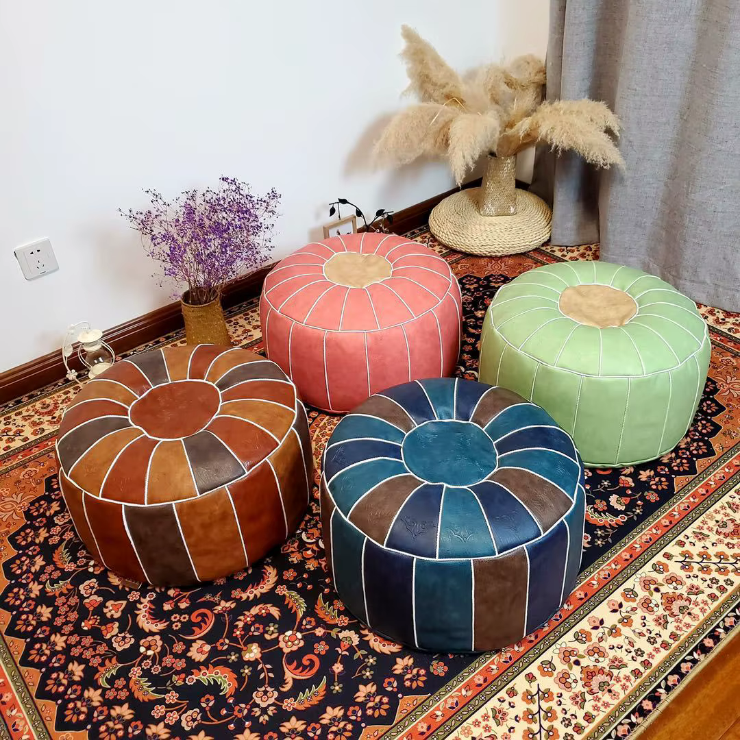 Pouf marocain en cuir PU, pouf artisanal Hassock bitions oman, repose-pieds rond, grand coussin en cuir Él, 50x50x30cm, Un197