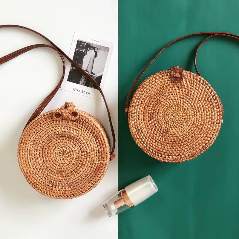 Sac de plage en paille tissé à la main pour femmes, sacoche ronde en rotin avec motif tressé, pour l'été, style bohème