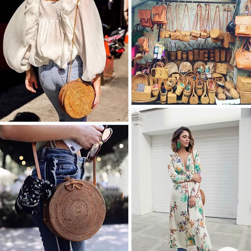 Sac de plage en paille tissé à la main pour femmes, sacoche ronde en rotin avec motif tressé, pour l'été, style bohème