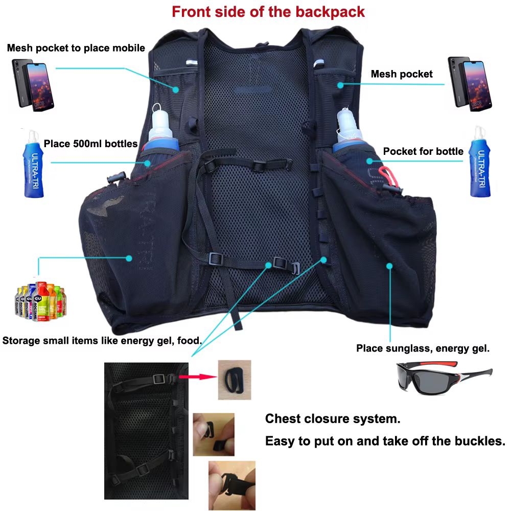 ULTRA-TRI Hydration Trail Running Sac à dos noir 10L avec 2 flacons souples