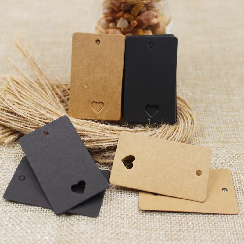 100 pièces + 100 corde de chanvre 5*3 cm nouveau style rectangulaire noir/Kraft papier carte vierge dessin à la main étiquette cadeau étiquettes coeur creux