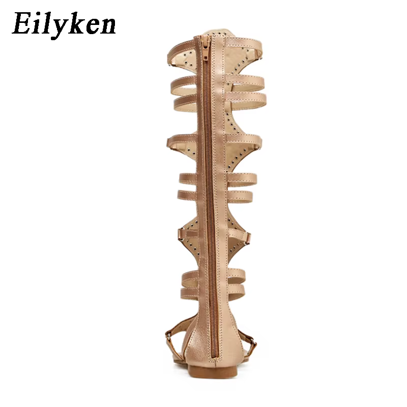 Eilyken 2026 nouveau gladiateur doré romain femmes bottes sandales en cuir PU bout ouvert genou haute Rivet loisirs chaussures plates