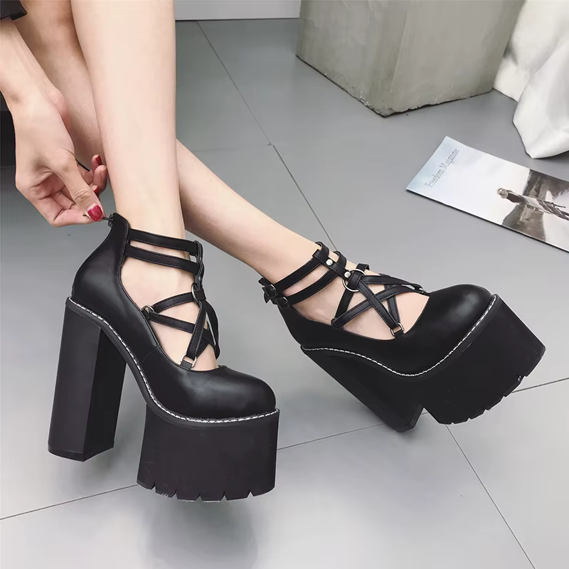 Gdgydh mode femmes pompes talons hauts fermeture éclair semelle en caoutchouc noir plate-forme chaussures printemps automne chaussures en cuir femme gothique Pentagon