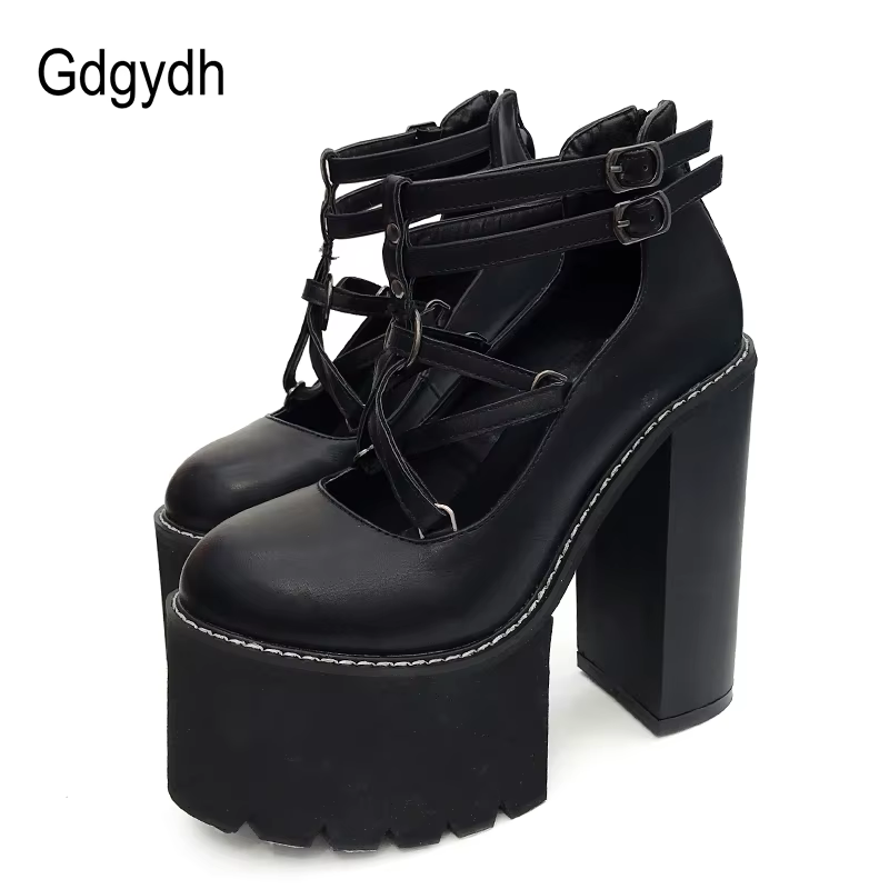 Gdgydh mode femmes pompes talons hauts fermeture éclair semelle en caoutchouc noir plate-forme chaussures printemps automne chaussures en cuir femme gothique Pentagon