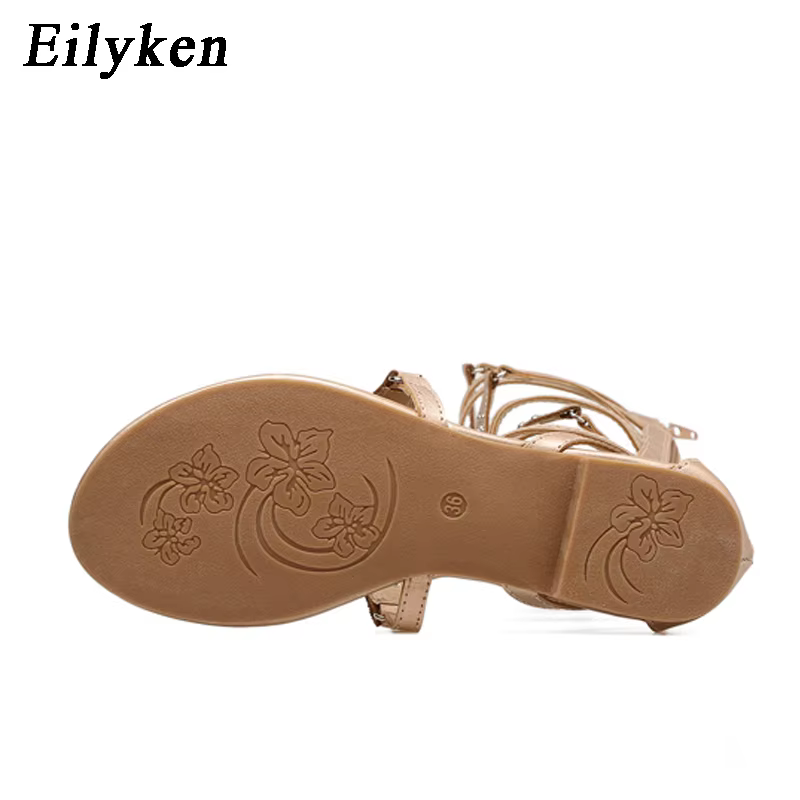Eilyken 2026 nouveau gladiateur doré romain femmes bottes sandales en cuir PU bout ouvert genou haute Rivet loisirs chaussures plates