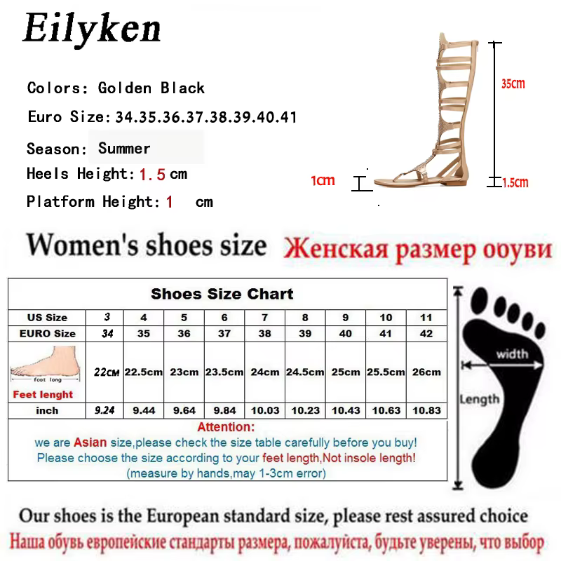 Eilyken 2026 nouveau gladiateur doré romain femmes bottes sandales en cuir PU bout ouvert genou haute Rivet loisirs chaussures plates