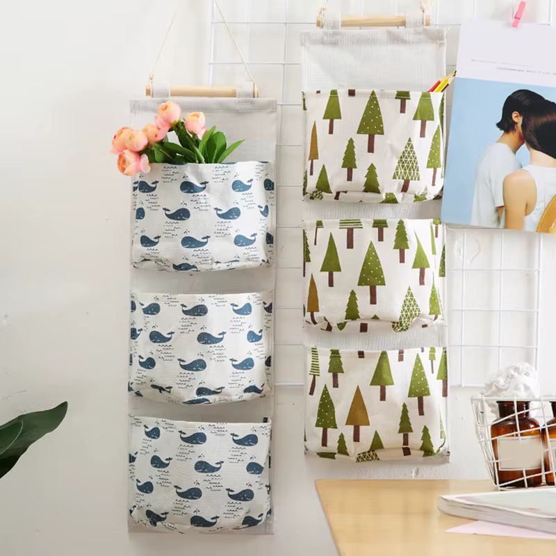Sac de rangement mural avec 3 poches, tissu en lin, étanche, porte murale, placard, organisateur suspendu pour chambre à coucher, salle de bain, LBS