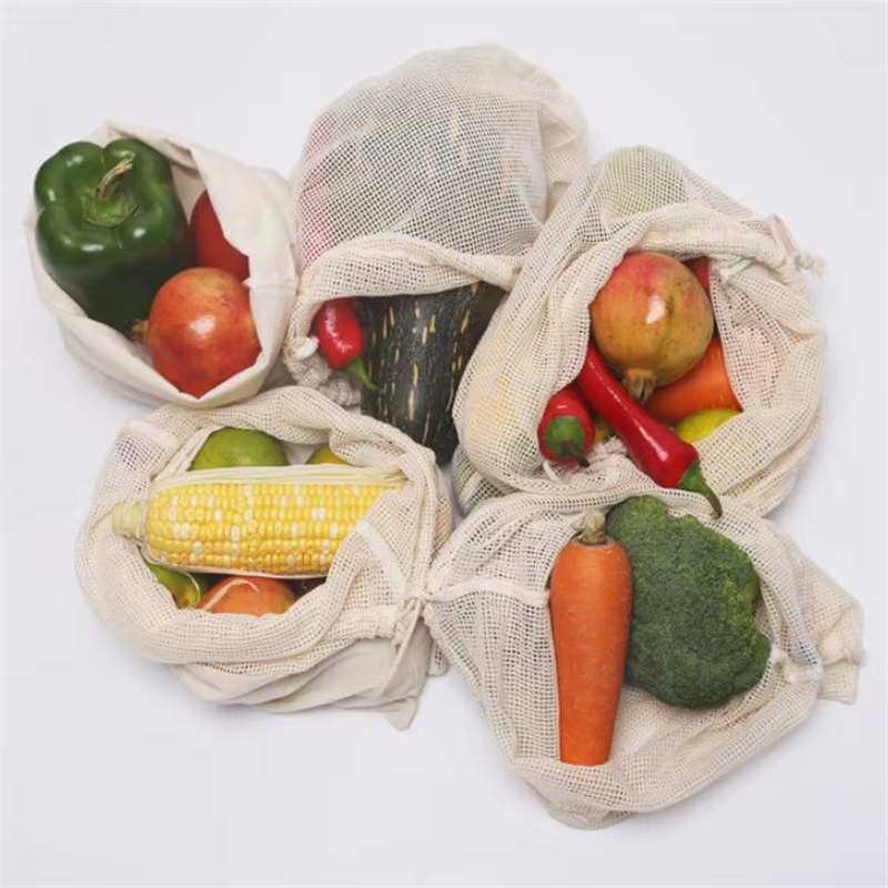 Sacs à légumes en maille de coton, sac de produits, sac de rangement de légumes en maille de coton réutilisable, fruits et légumes de cuisine avec cordon de serrage
