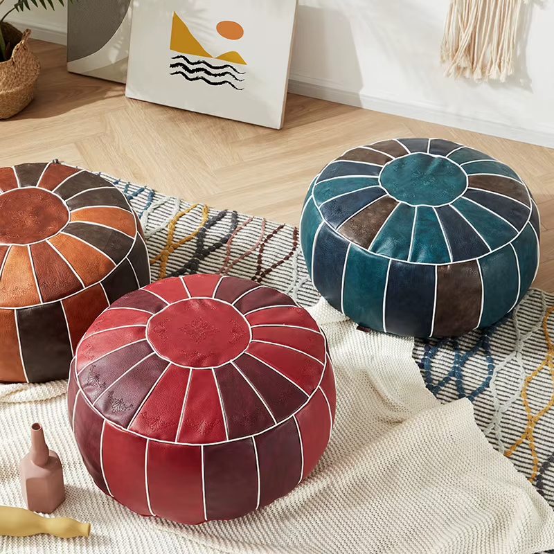 Pouf marocain en cuir PU, pouf artisanal Hassock bitions oman, repose-pieds rond, grand coussin en cuir Él, 50x50x30cm, Un197