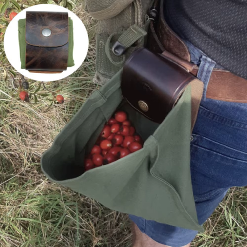 Nouveau sac de recherche de nourriture de randonnée en plein air Portable pochette de cueillette de fruits pliable Berry Puch stockage cuir Bushcraft sac en toile Camping