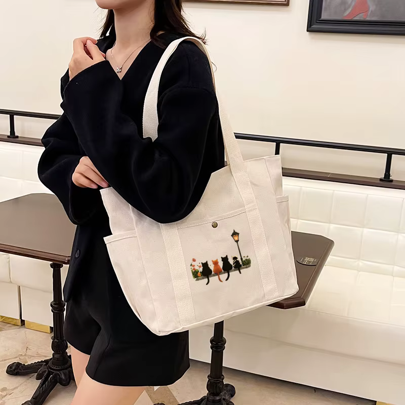 Filles femmes graphique sac fourre-tout grande capacité dessin animé épaule mignon chat Shopper sacs à main épaule mode toile décontracté Shopping