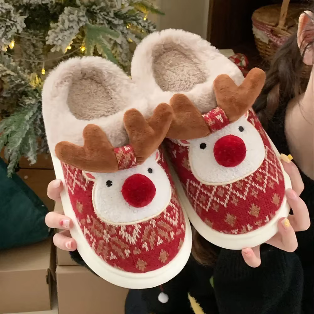 Pantoufles de noël en coton pour femmes, mignonnes cerf de dessin animé, antidérapantes, chaussures de sol d'intérieur pour filles, diapositives de fête à la mode, nouvelle collection 2025