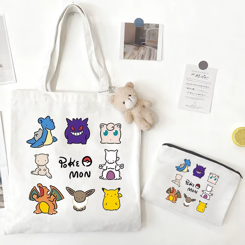 Sac en toile kawaii Pokemon Gengar Charizard Jigglypuff, 3 pièces/ensemble, sac de shopping de grande capacité avec figurines d'anime, cadeau