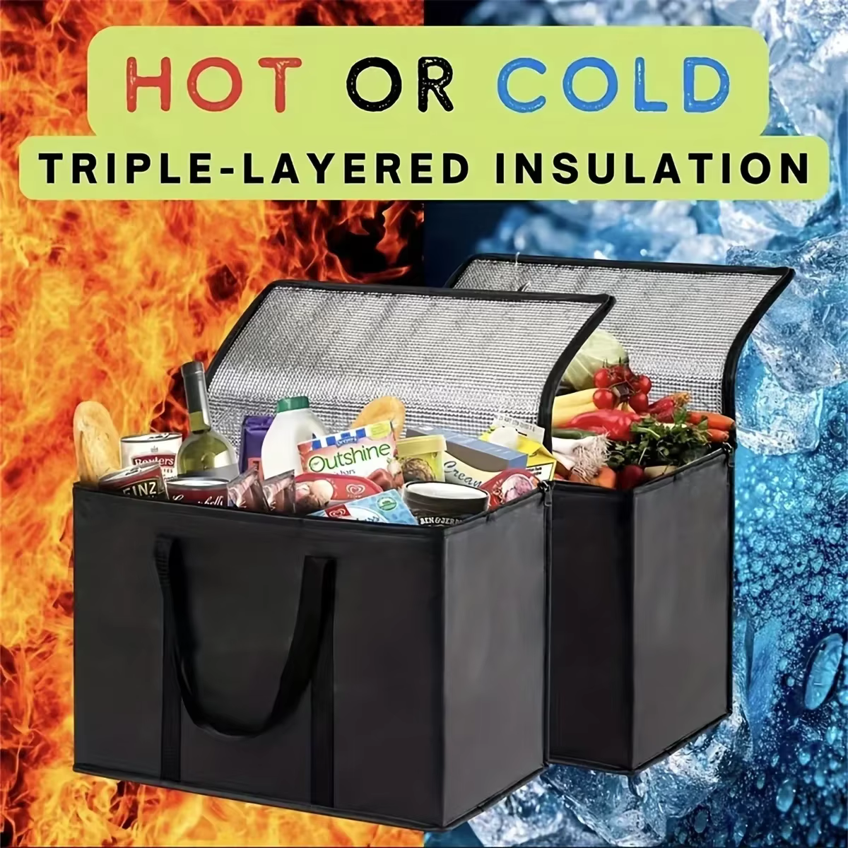XL/grand sac isotherme : garder les aliments chauds et froids pour les heures – fourre-tout d'épicerie, sac isotherme souple, chauffe-pizza, fermeture éclair légère et robuste