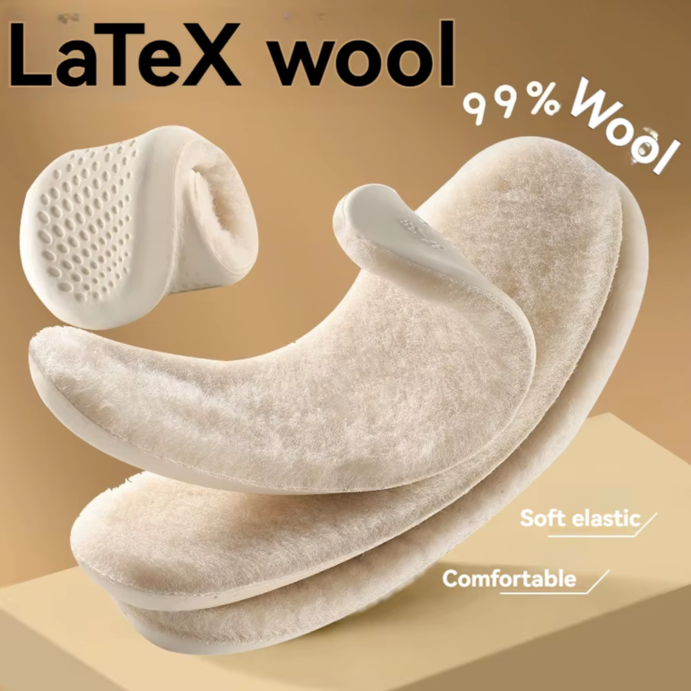 Semelles intérieures en laine véritable pour chaussures d'hiver homme femme semelle en Latex à haute élasticité
