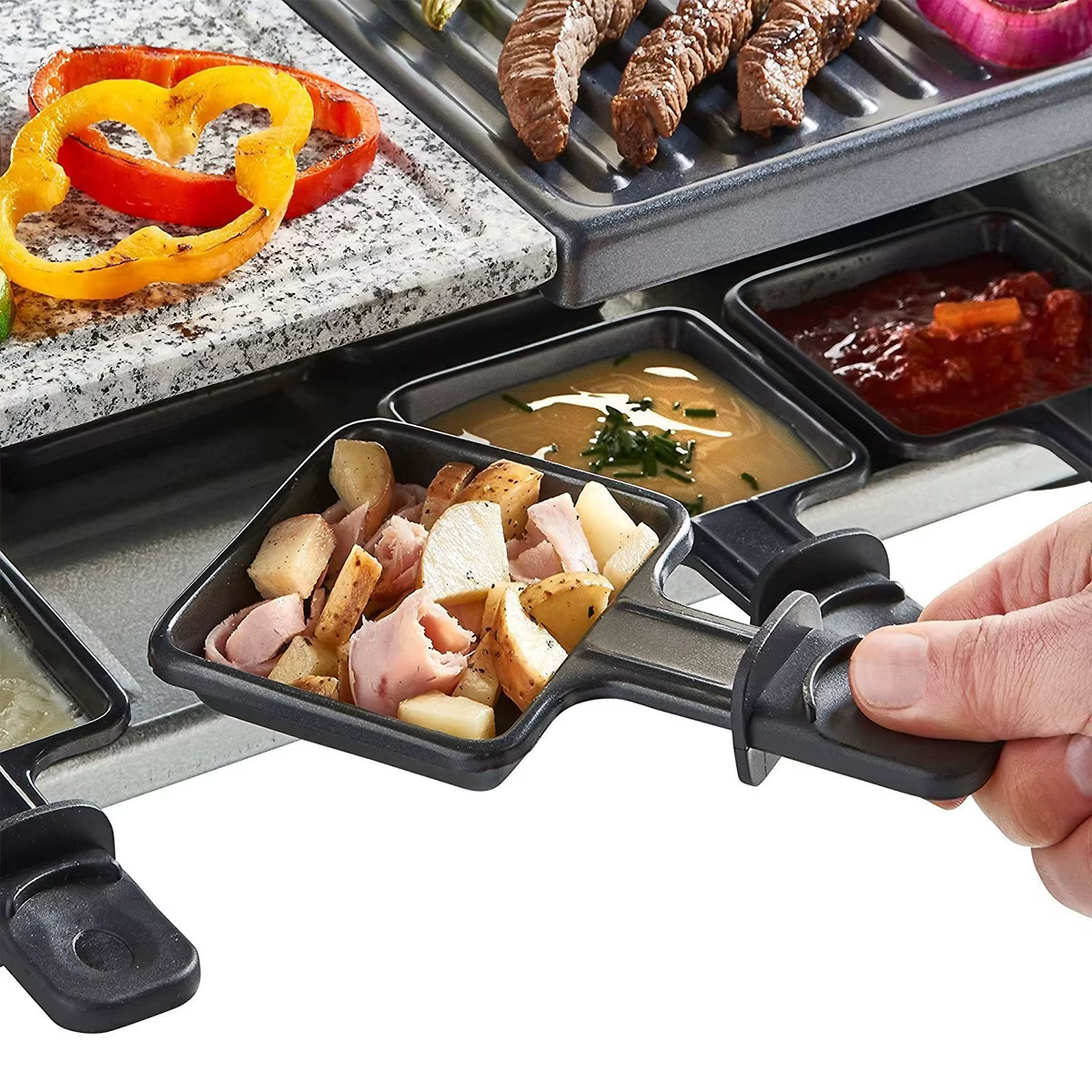 Poêle à raclette avec revêtement antiadhésif, poignée isolée, 4 pelles, plaque de cuisson portable pour omelette au fromage fondu, 4 pièces