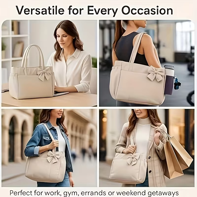 Sac fourre-tout rembourré, sac à bandoulière grande capacité pour femme avec nœud, sac messager polyvalent pour étudiant, trajets quotidiens, yoga, gym, voyage