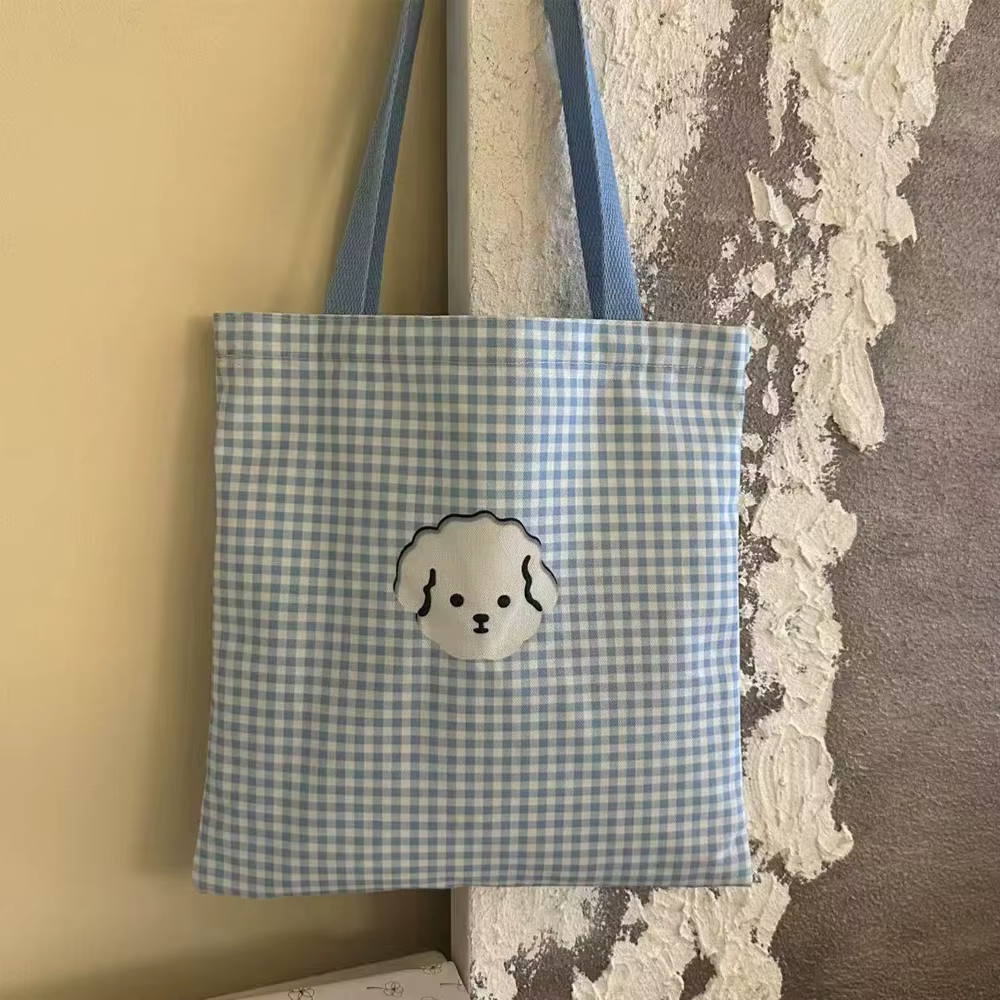 Sac fourre-tout en toile à carreaux bleus avec un motif de chiot mignon, sac d'étudiant adorable et charmant, sac à bandoulière léger et au style frais pour les sorties