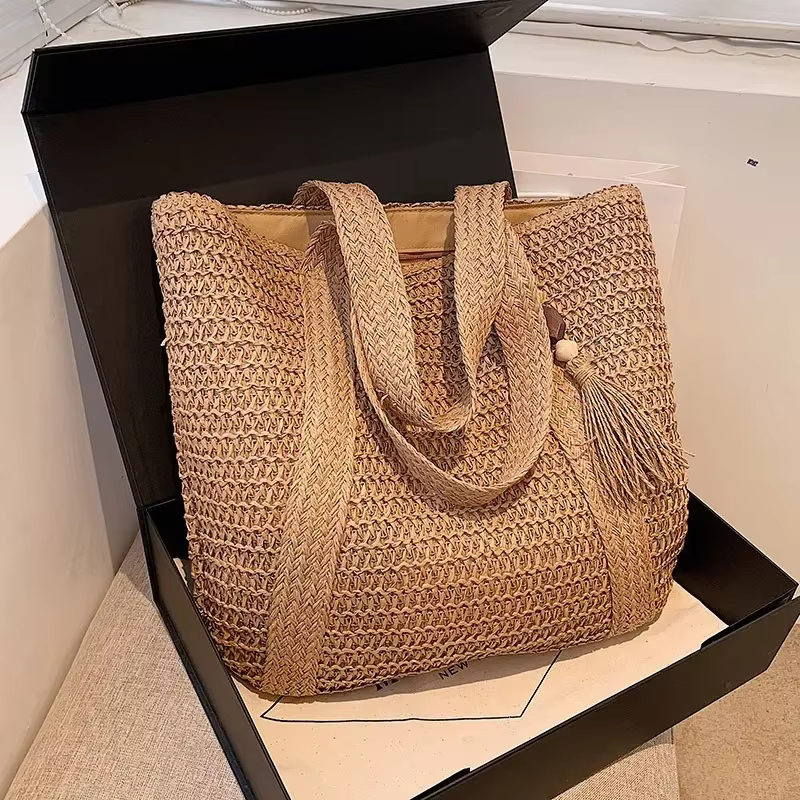 Elegant Ladies Straw Woven Handbag Women Holiday Beach Commute Casual Tote Top-Handle Bags Fashion Retro Shoulder