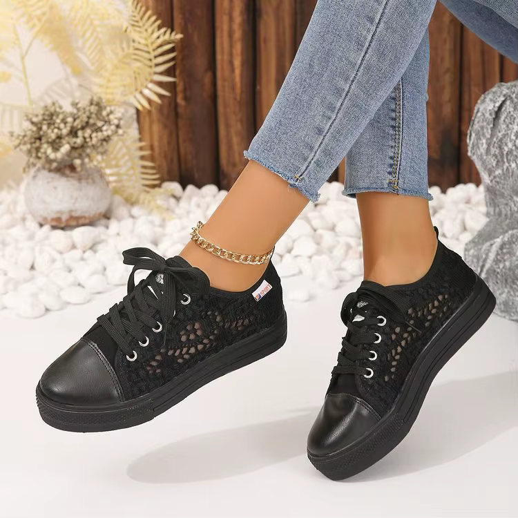 Baskets en toile de dentelle blanche pour femmes, chaussures d'été décontractées à la mode, baskets respirantes à semelle épaisse