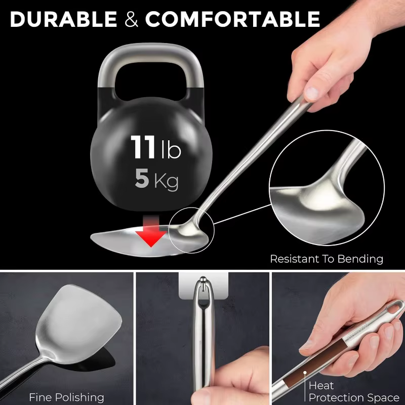 Ensemble d'ustensiles de cuisine en acier inoxydable pour wok : spatule, louche, cuillère écumoire, spatule ajourée, accessoires pour wok