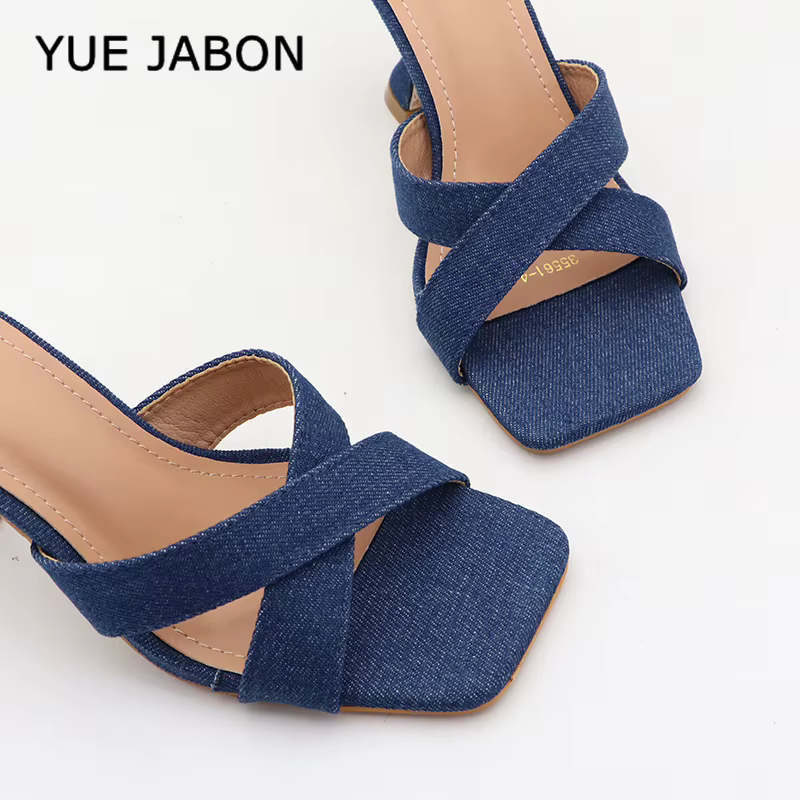 Chaussures décontractées pour femmes bleues, tendance été 2026, mules en jean à bout carré, couleur unie, à talons épais, faciles à enfiler