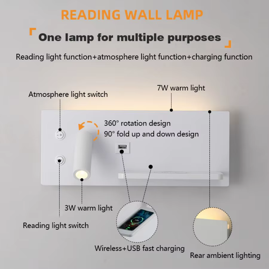 Lampe murale LED moderne multifonctionnelle avec charge sans fil