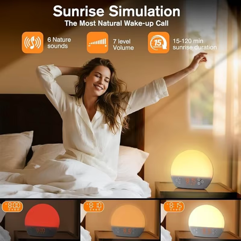 Réveil numérique avec simulation du lever du soleil, machine à bruit blanc et 30 sons apaisants, lumière de réveil à intensité réglable pour la décoration intérieure