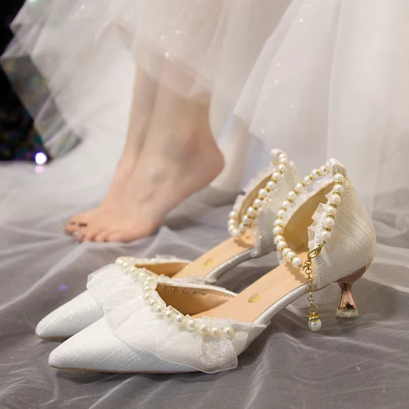 InjWhite-Chaussures de Mariage de Luxe pour Femme, Escarpins à Talons Hauts, Bretelles de Rincage de Perles, Chaussures Habillées à Talons Pointus Parker, Été 2023