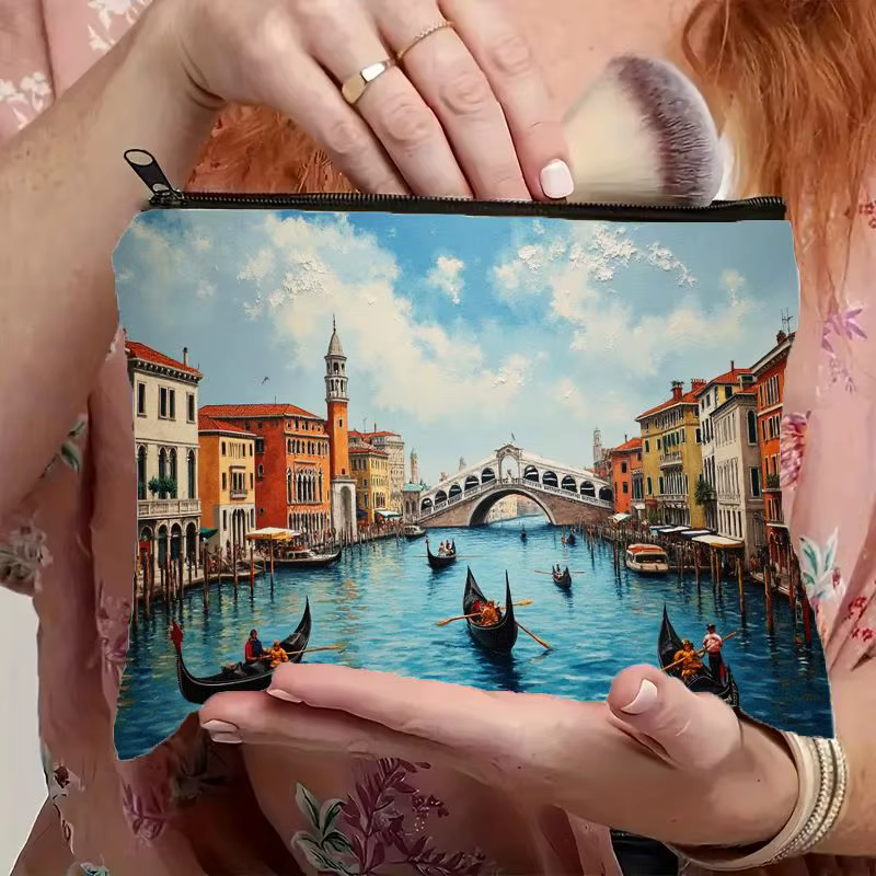 Sac de maquillage cosmétique Venise Italie avec imprimé canaux vénitiens et gondole, organisateur de voyage léger et pliable, pochette zippée