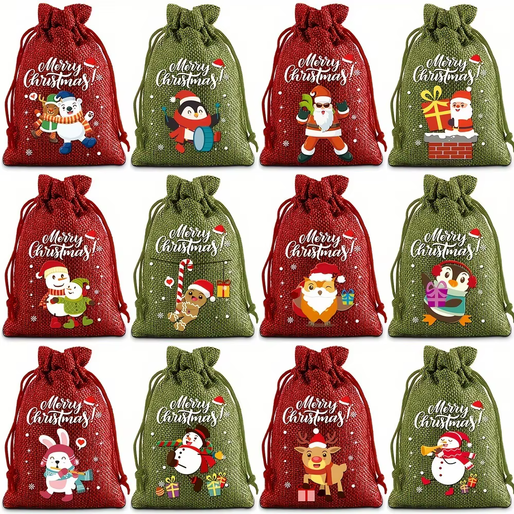 Sacs cadeaux de noël avec cordon de serrage, 12 pièces, sacs en lin pour calendrier de l'avent, sac en tissu, pochette pour biscuits et bonbons