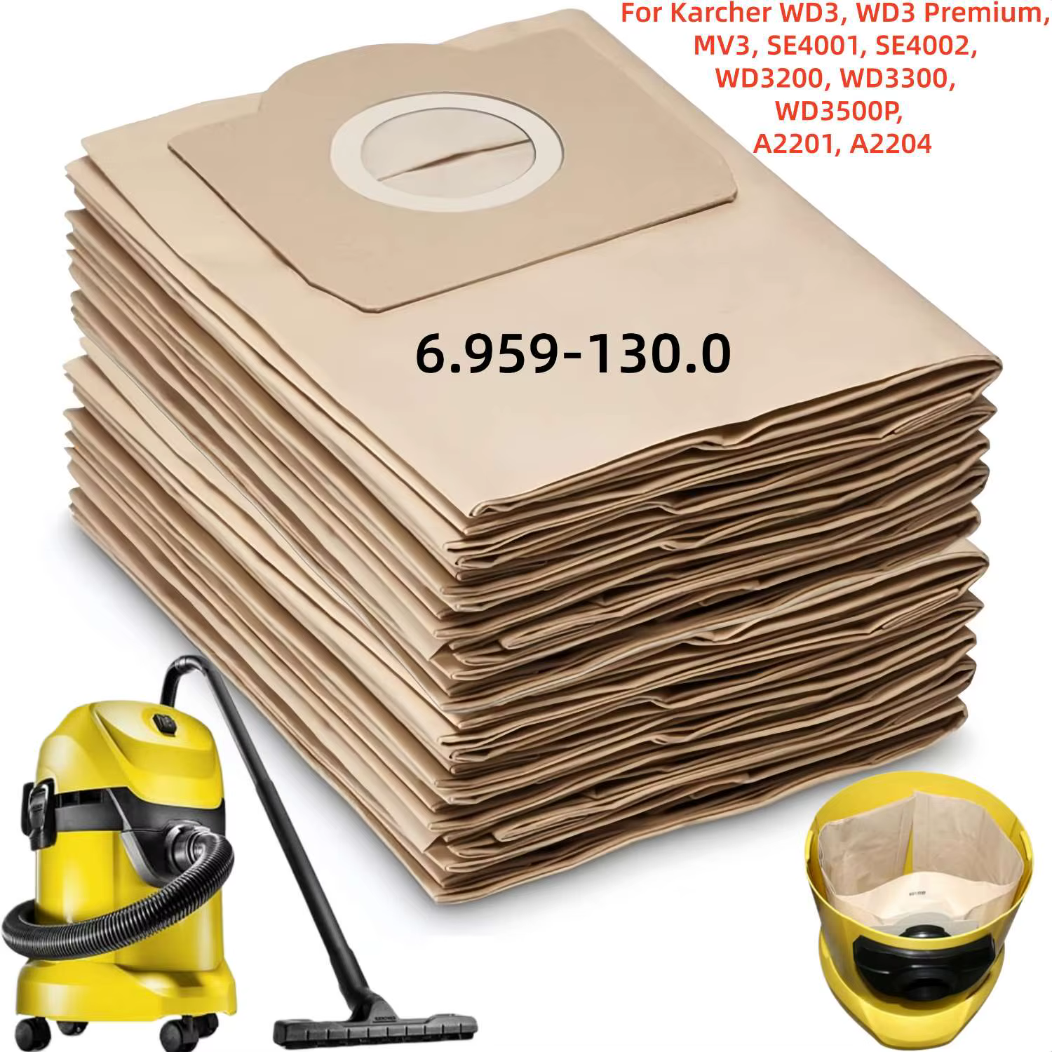 Sacs d'aspirateur pour Karcher, 6.959-130.0, WD3, MV3, WD3 Premium, support et sec, SE4001, MV1, WD3200, WD3300, A2204, A2656