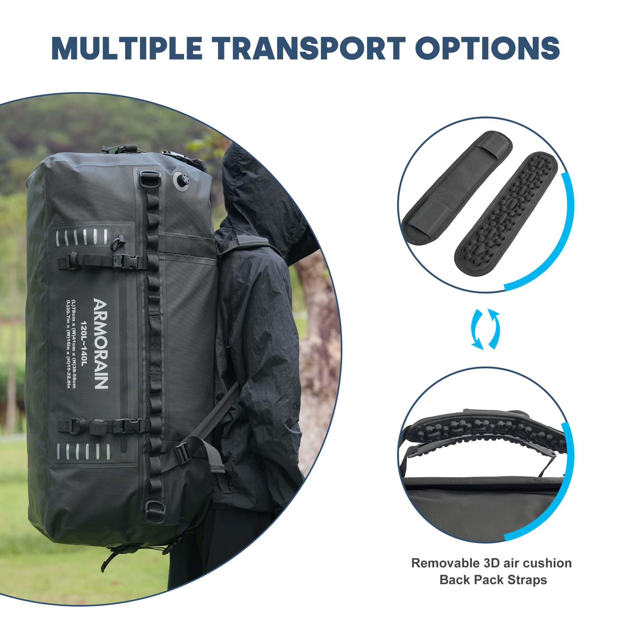 Sac de voyage étanche IPX8 100L 120L grande capacité avec sangle gonflable durable pour les longs trajets