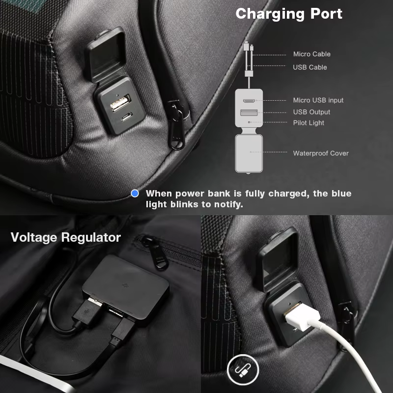 Kingsons-Sac à dos à faisceau avec panneau solaire et chargeur USB pour homme
