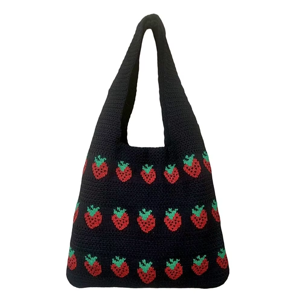 Sac à main tricoté pour femme, motif fraise, grande capacité, sac en crochet durable et léger, sac fraise