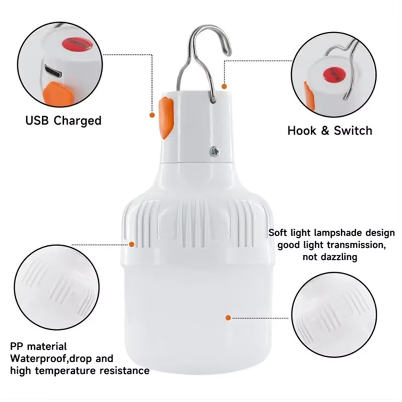 1PC extérieur USB lampe à LED ampoules 60W lumière de secours crochet Camping pêche Portable lanterne veilleuses LT014