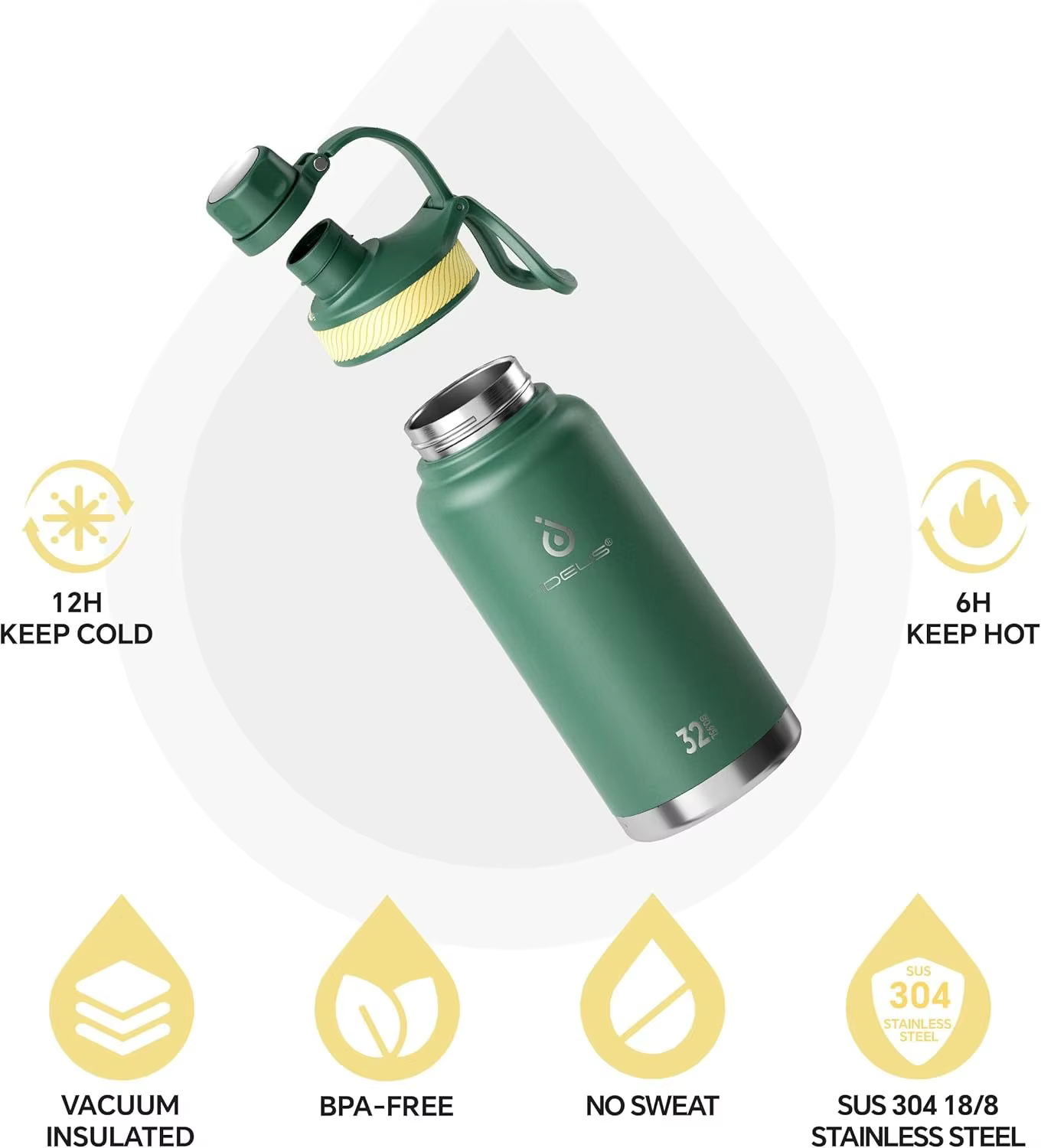 Bouteille d'eau isotherme en acier inoxydable Ideus 40 oz, avec 2 bouchons anti-fuite, bouteille d'eau isotherme pour la randonnée et le cyclisme