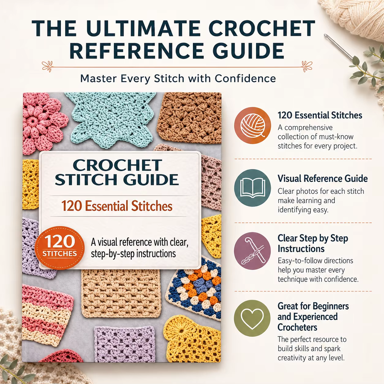 Guide complet des points de crochet pour débutants, 125 techniques de broderie, manuel, fournitures artisanales pour la maison, pour femmes