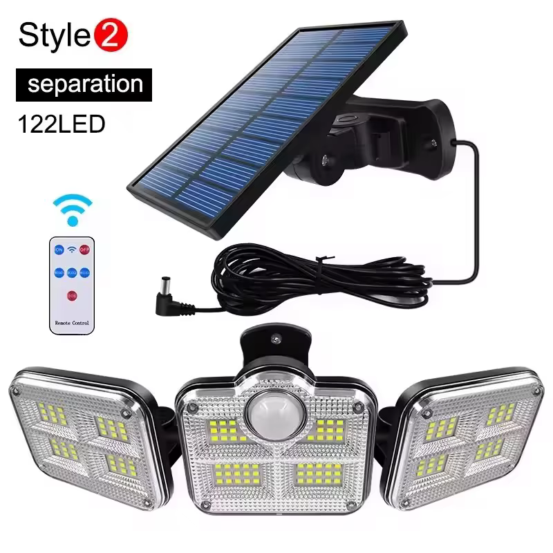 1 paquet de lampe à capteur de mouvement extérieur, lumière solaire à 4 têtes, lumière solaire à 122 LED, projecteurs, 3000 Lumens, 270 ° Plage d'éclairage