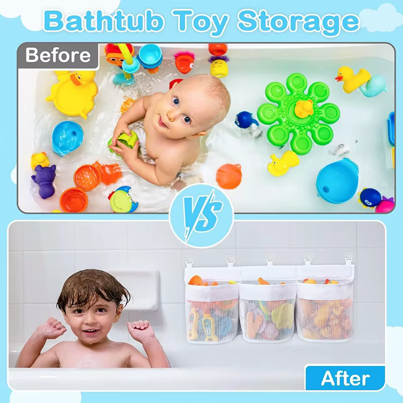 Sac de rangement pour salle de bain, sac mural multi-compartiments de grande capacité pour jouets, sac en maille imperméable, respirant et anti-moisissure