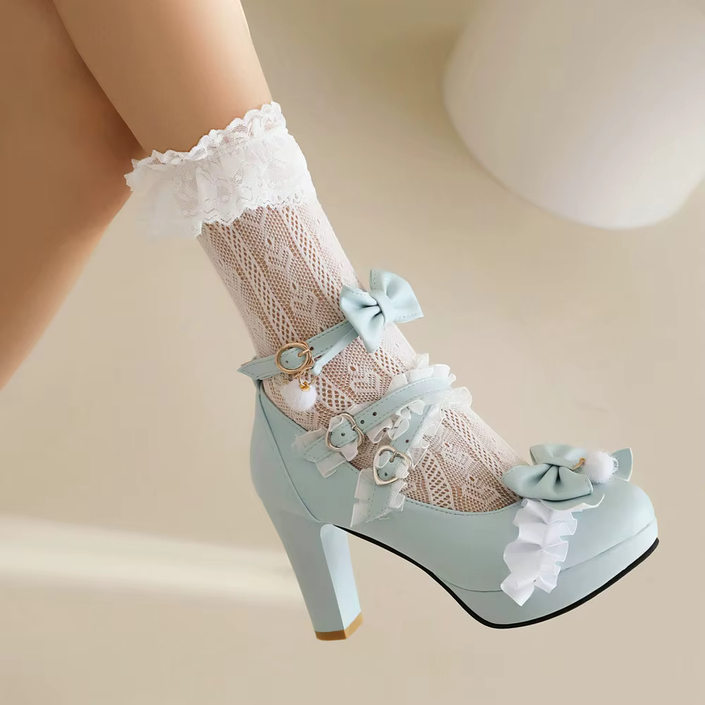 Talons hauts avec nœud en dentelle en peluche rose